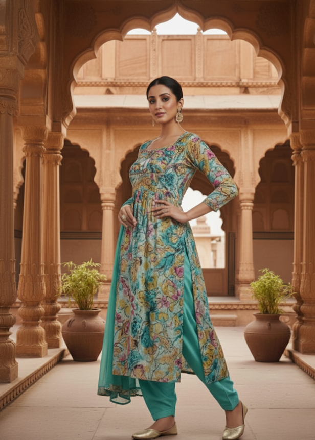 Sea Green Multi Colour Printed Kurti With Mirror Work