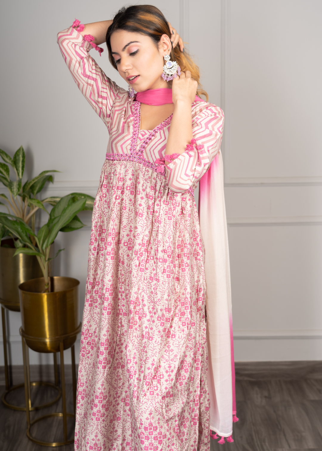 Pink Mirror Work Alia Cut Kurta With Dupatta And Salwar