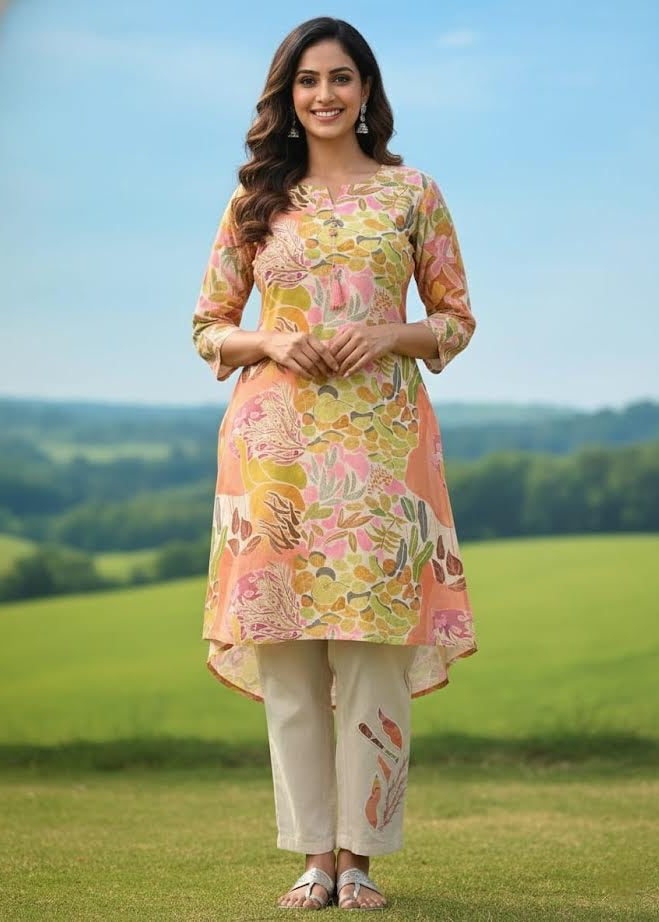 Peach Multicolour Leaf Print A-Line Kurti