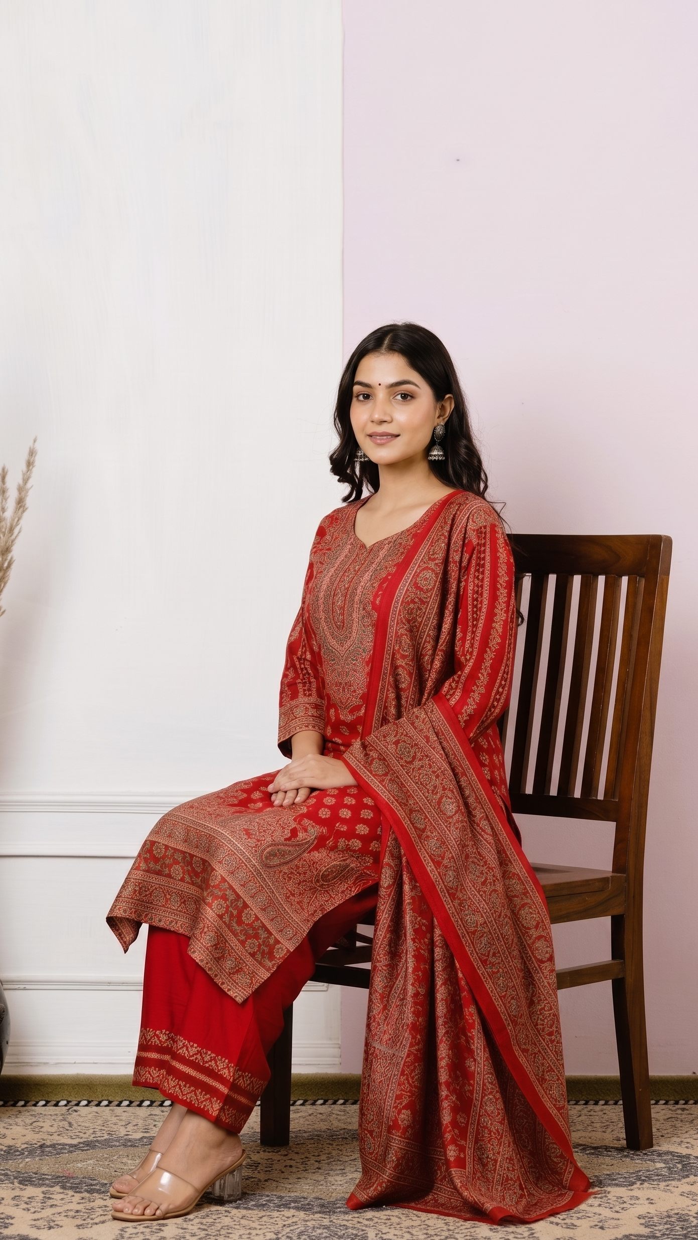 Red Printed Straight Kurta Set