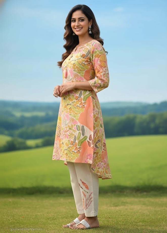 Peach Multicolour Leaf Print A-Line Kurti