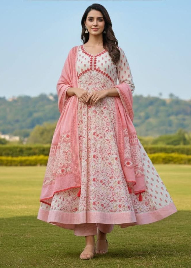 Cream & Red Embroidered Floral Kurti Set