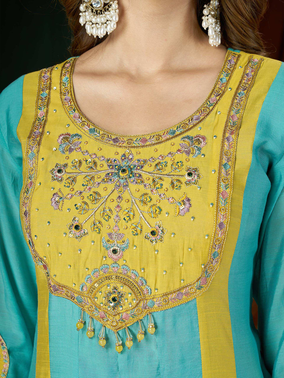 Turquoise & Mustard Embroidered Palazzo Suit Set