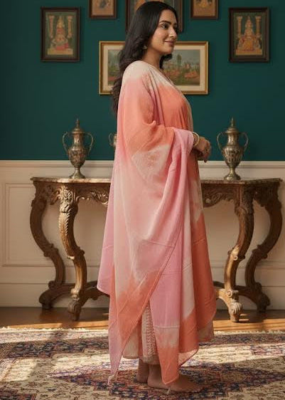 Peach-Pink Floral Mirror Work Kurti