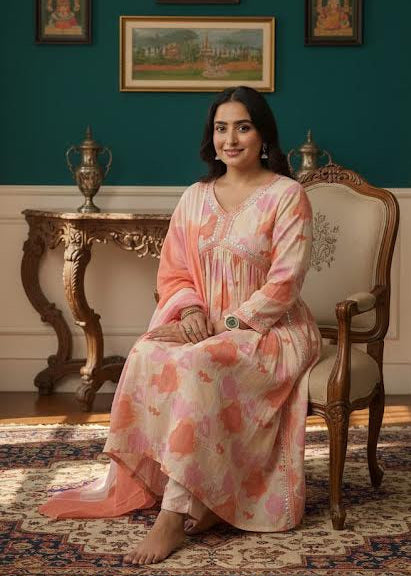 Peach-Pink Floral Mirror Work Kurti