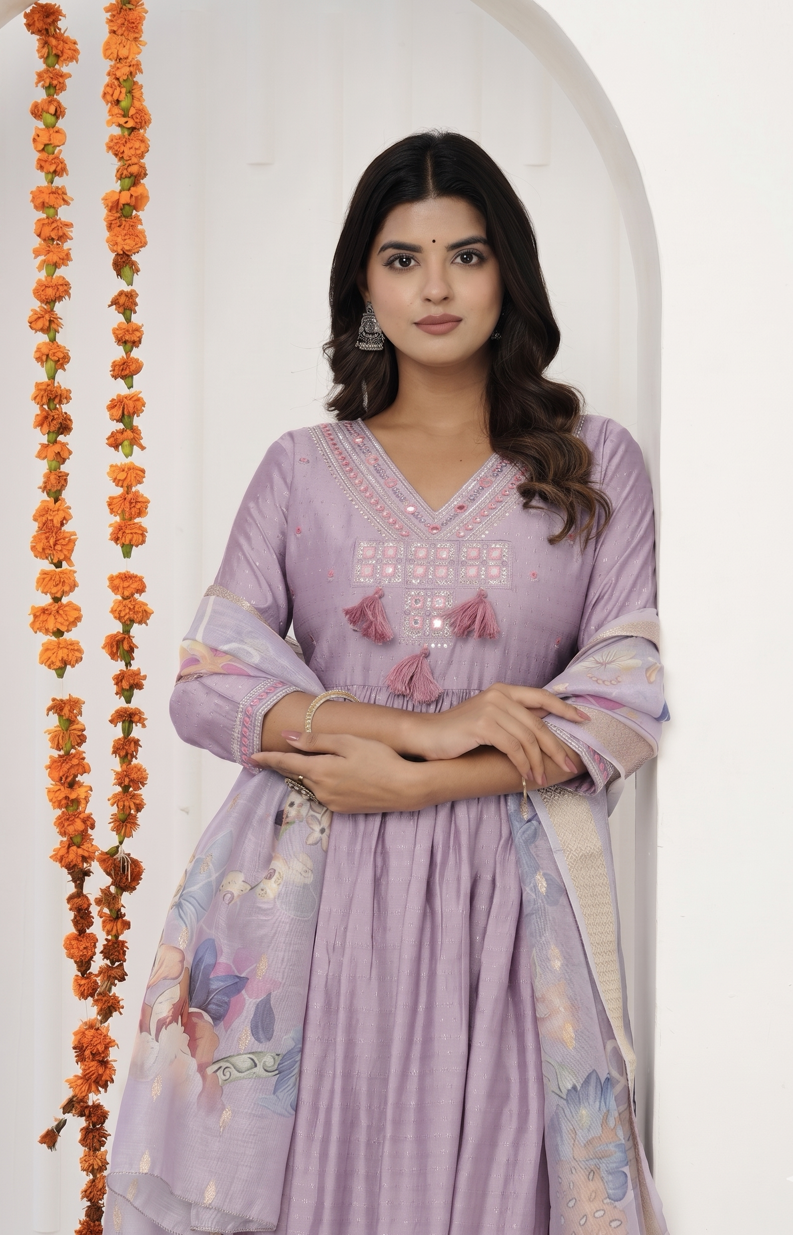 Lavender Embroidered A-Line Suit Set