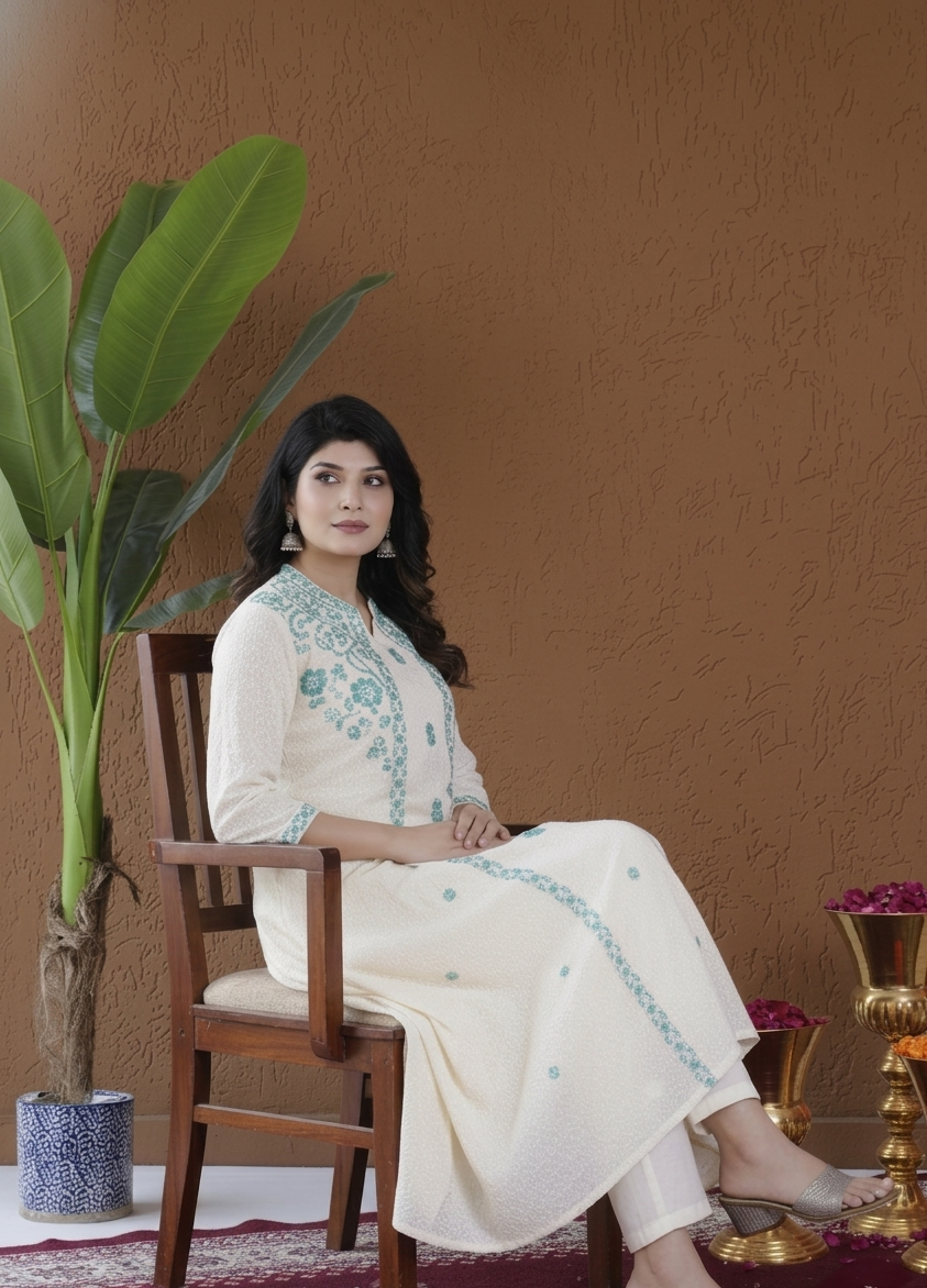Ivory & Aqua Embroidered Suit Set With Jacket