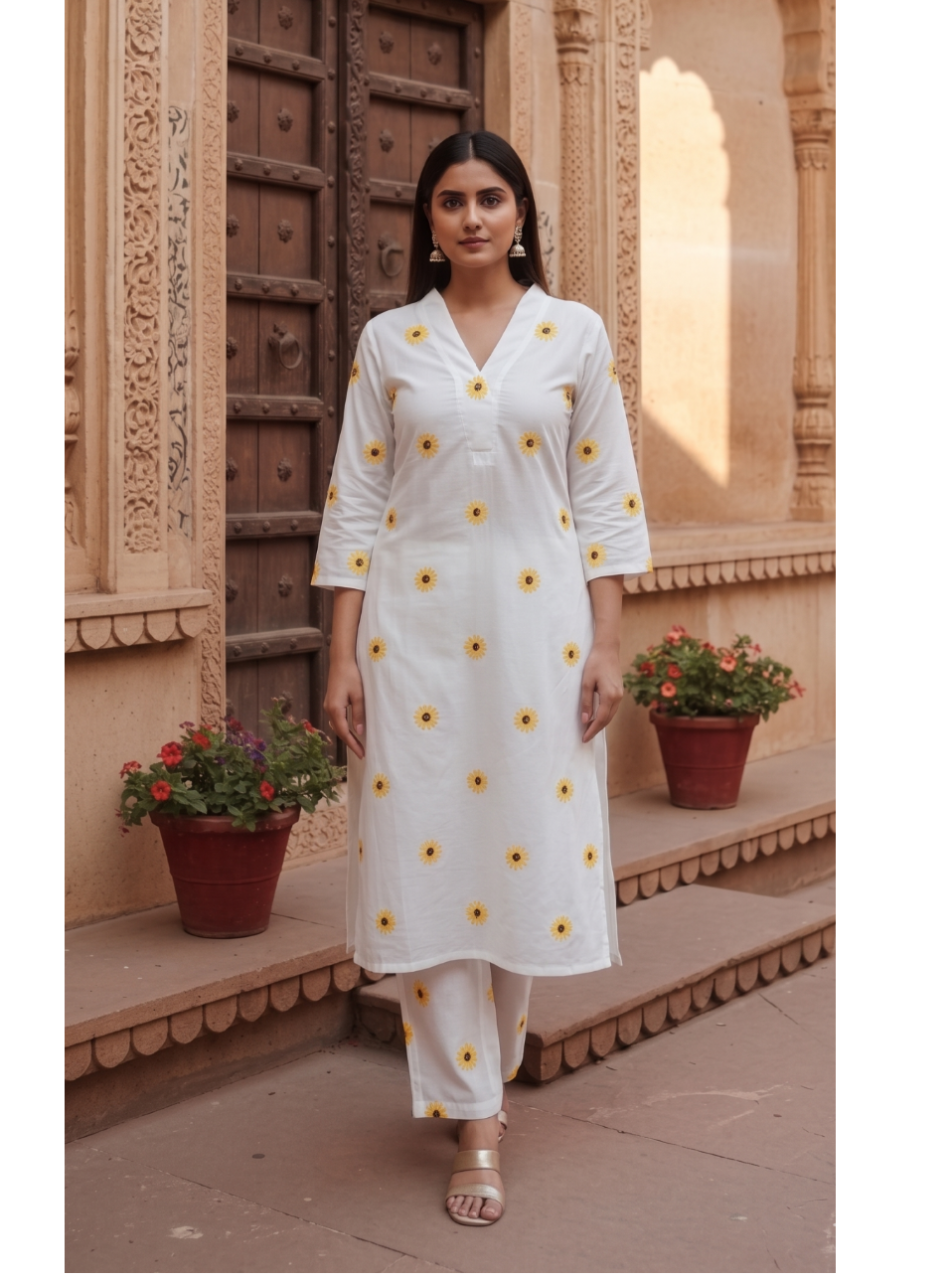 Elegant White Sunflower Printed Kurti