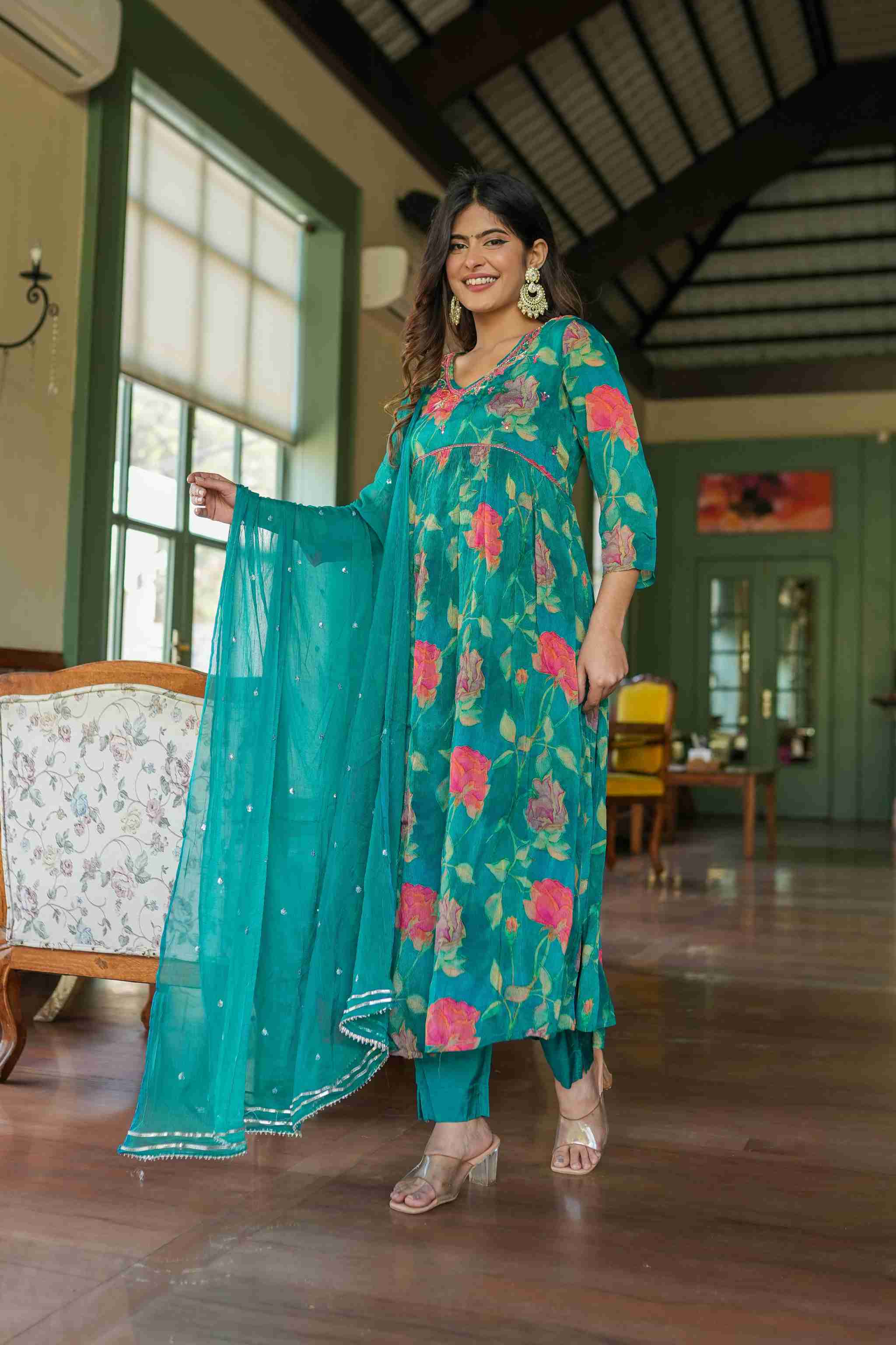 Green Floral Alia Cut kurta with dupatta and pant