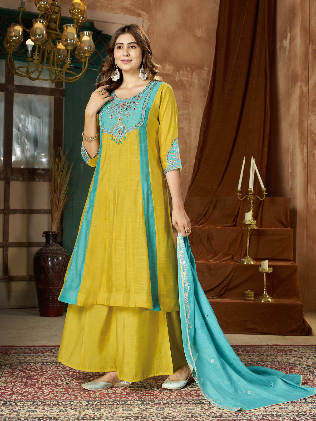 Mustard Yellow & Turquoise Embroidered Palazzo Suit Set