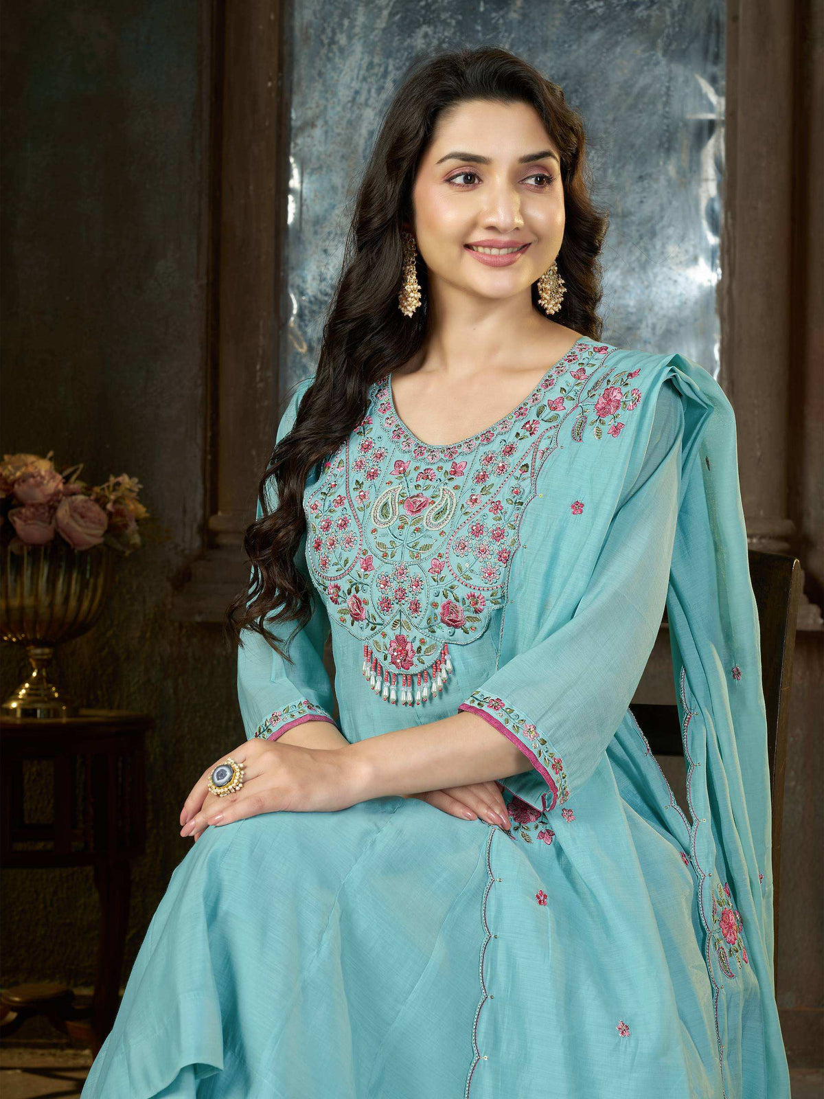 Aqua Blue Floral Embroidered Anarkali Suit Set
