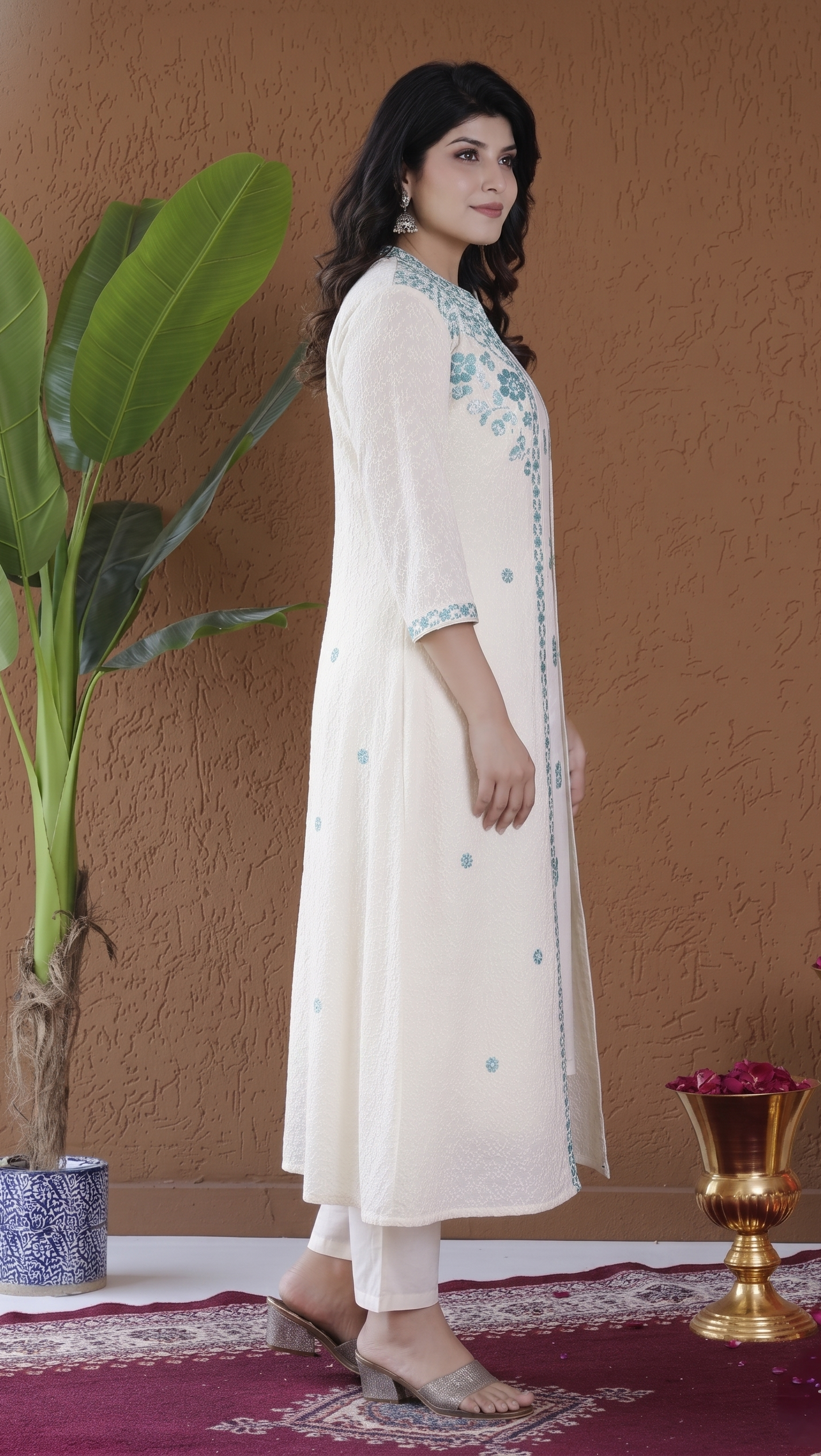 Ivory & Aqua Embroidered Suit Set With Jacket