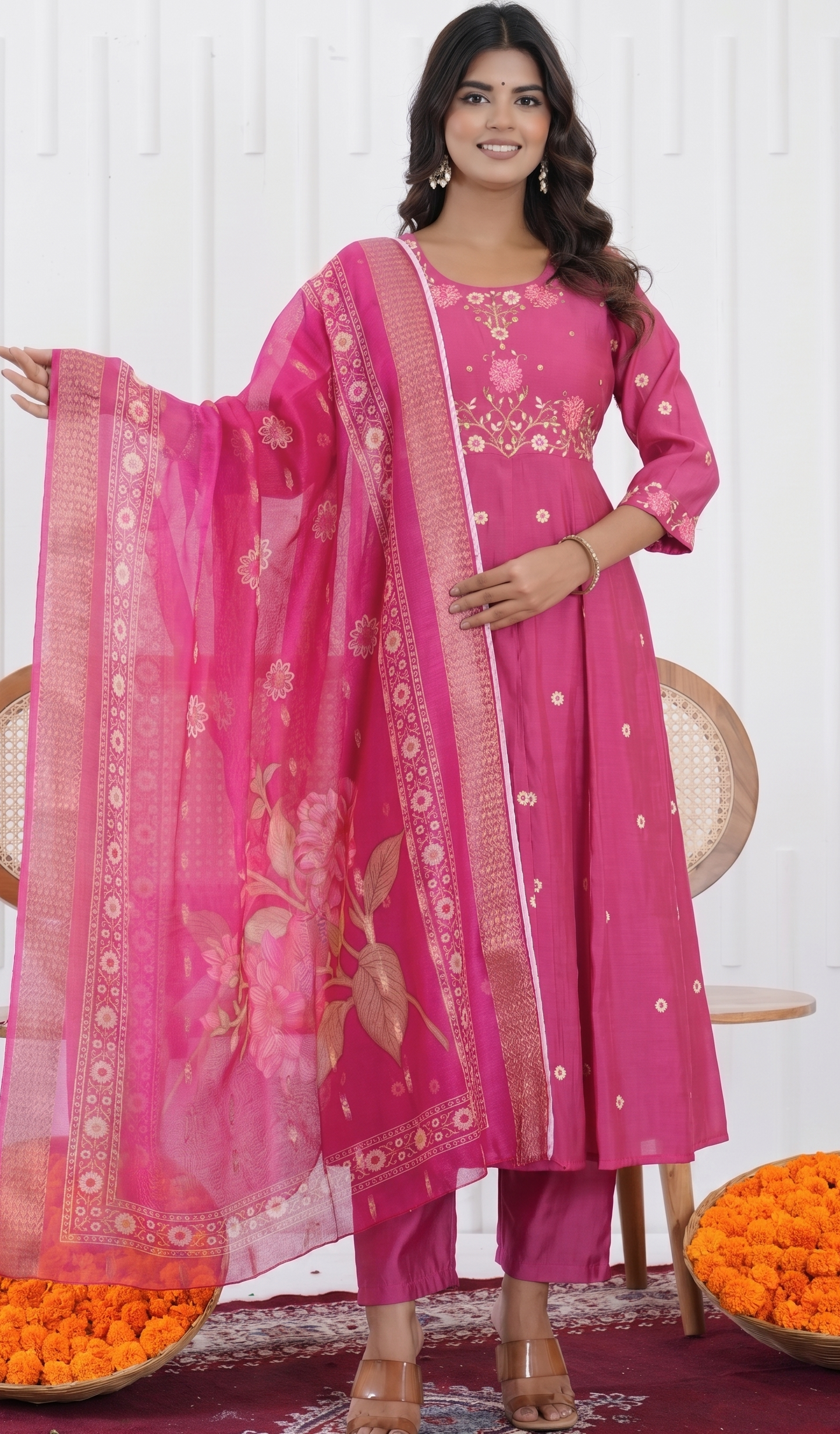 Rosy Pink Embroidered A-Line Suit Set