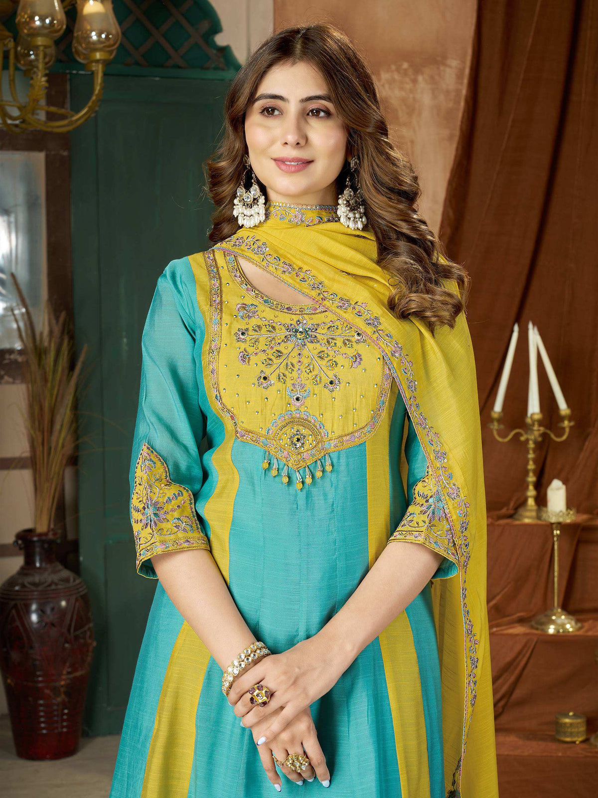 Turquoise & Mustard Embroidered Palazzo Suit Set