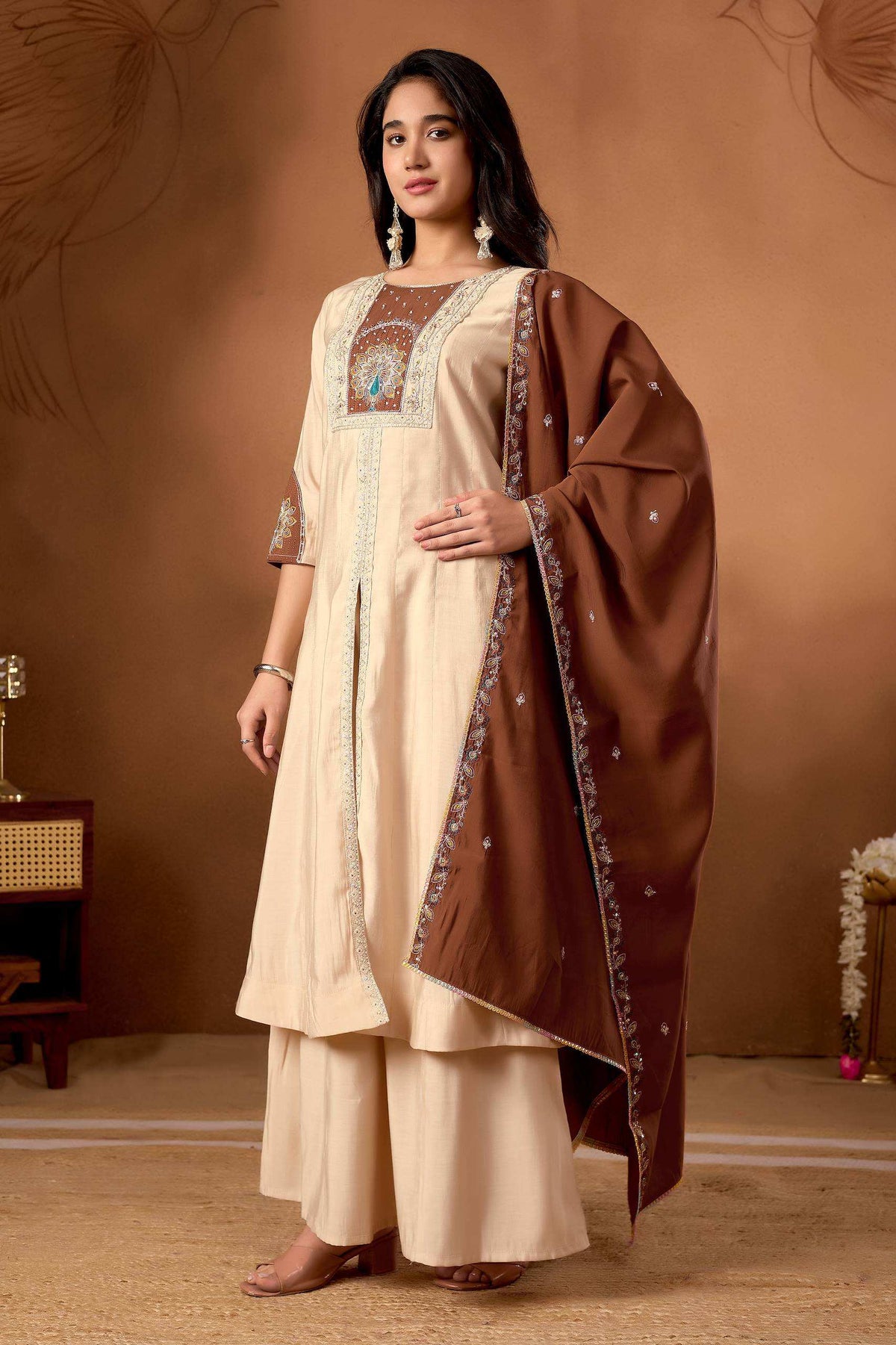 Ivory Beige Embroidered Kurta Set