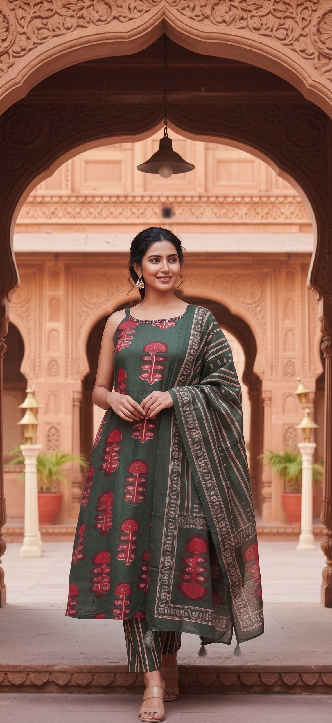 Bottle Green Block Printed Straight Kurta Suit Set