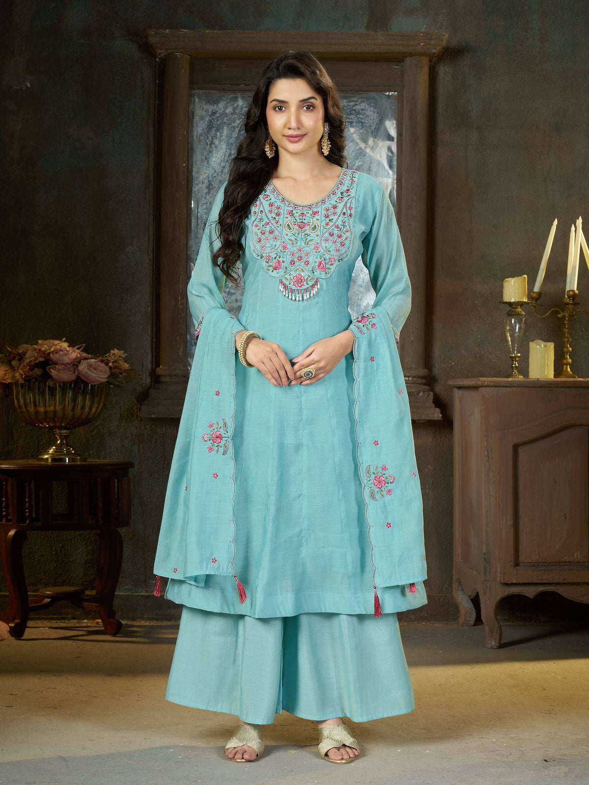 Aqua Blue Floral Embroidered Anarkali Suit Set
