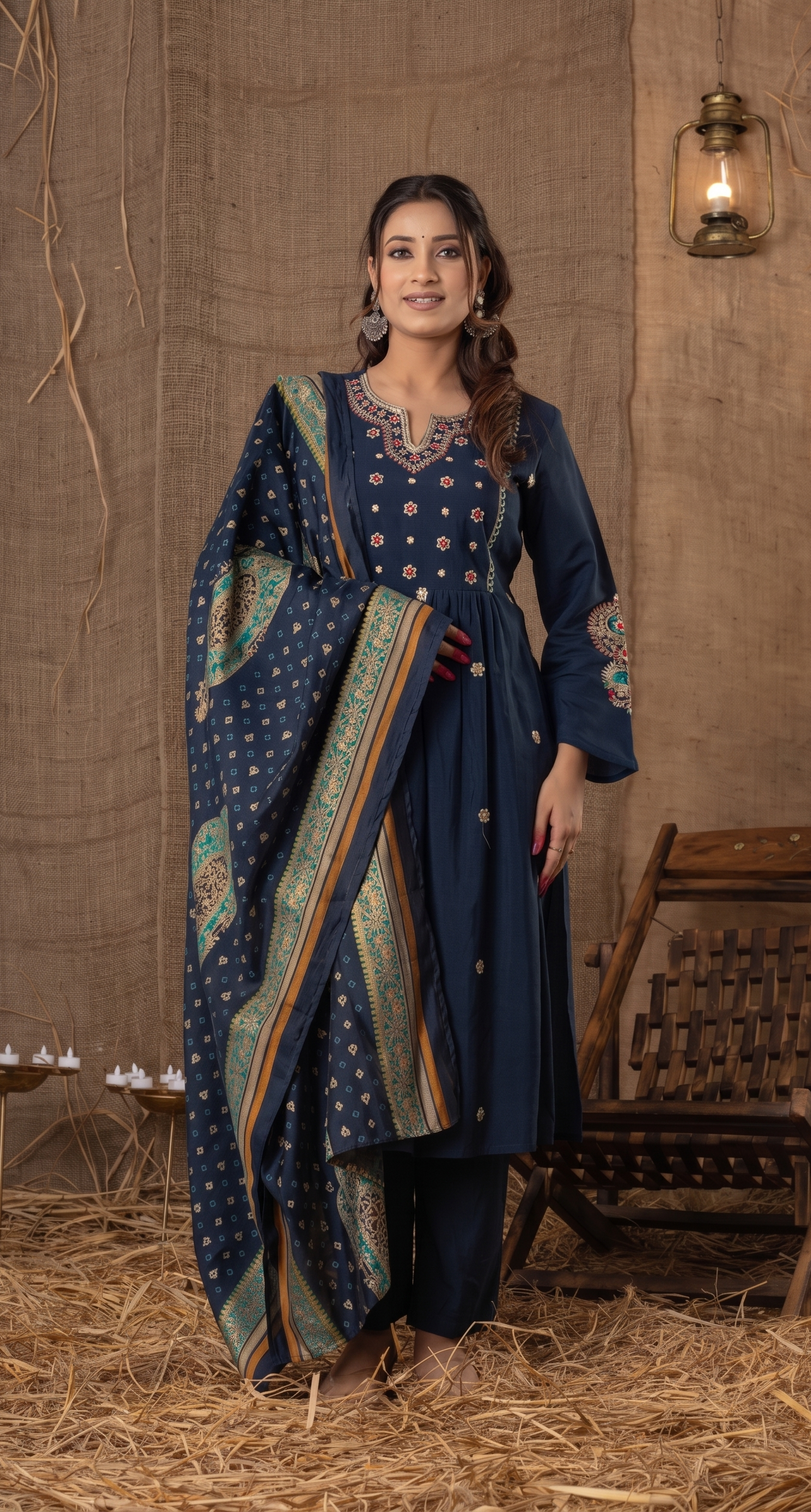 Navy Blue Embroidered A-Line Suit Set