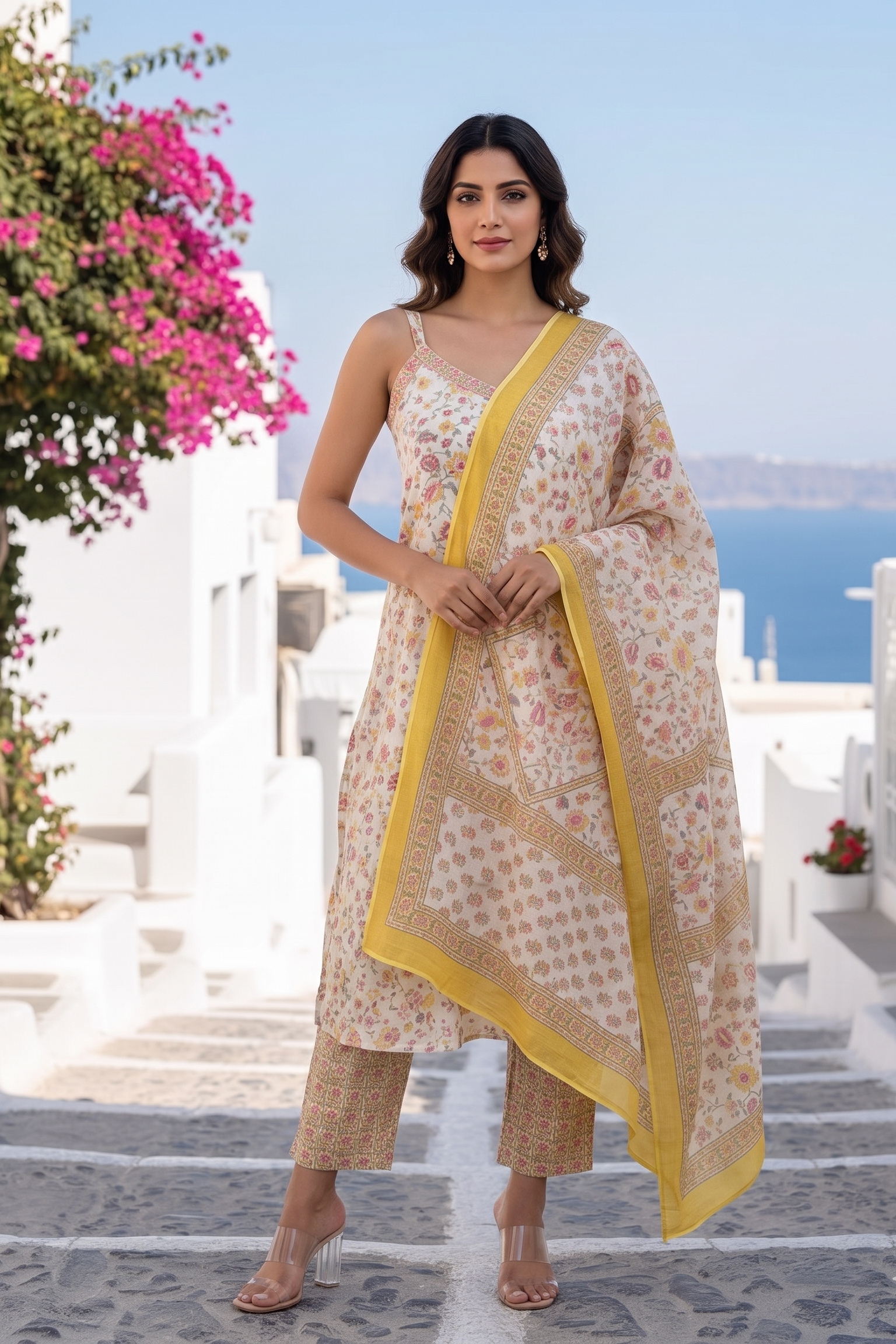 White Multi-Colour Floral Print Suit Set