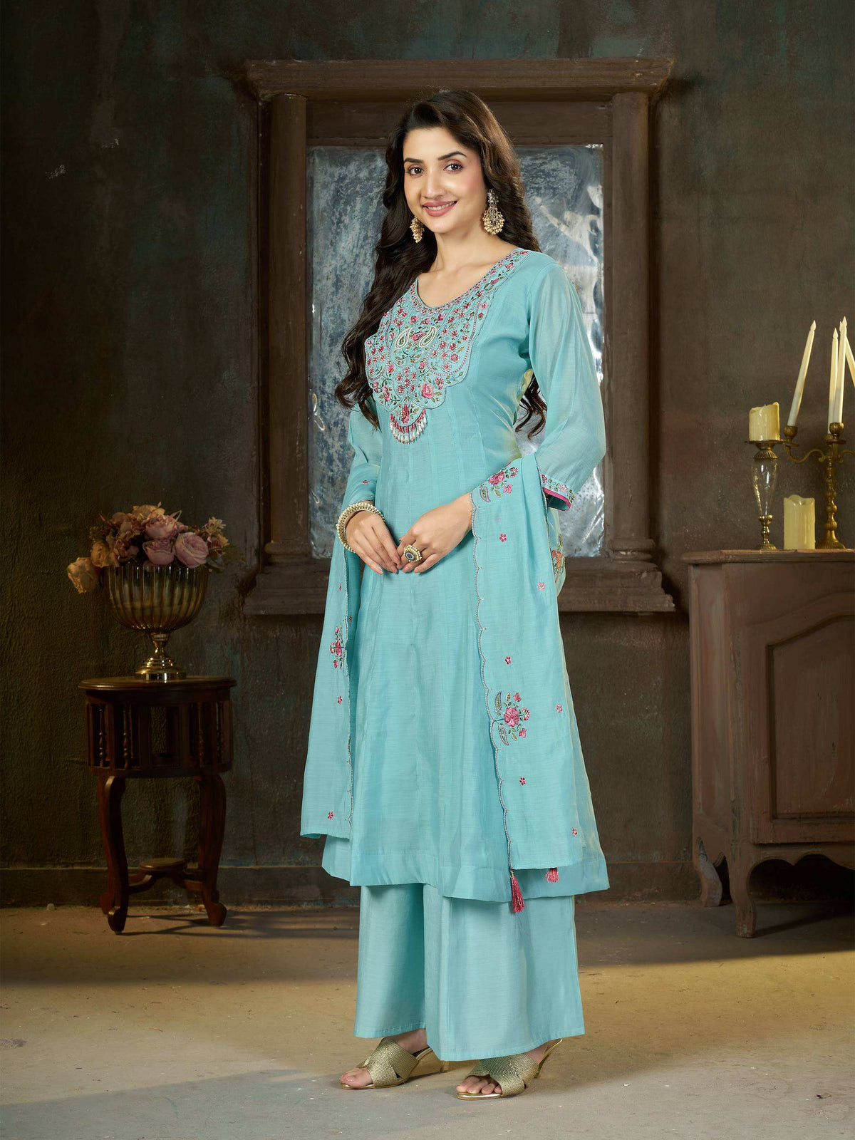 Aqua Blue Floral Embroidered Anarkali Suit Set