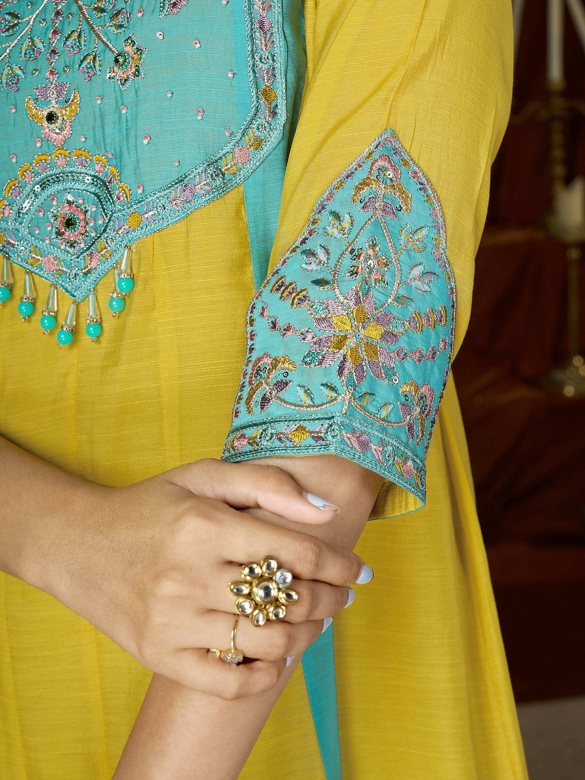 Mustard Yellow & Turquoise Embroidered Palazzo Suit Set