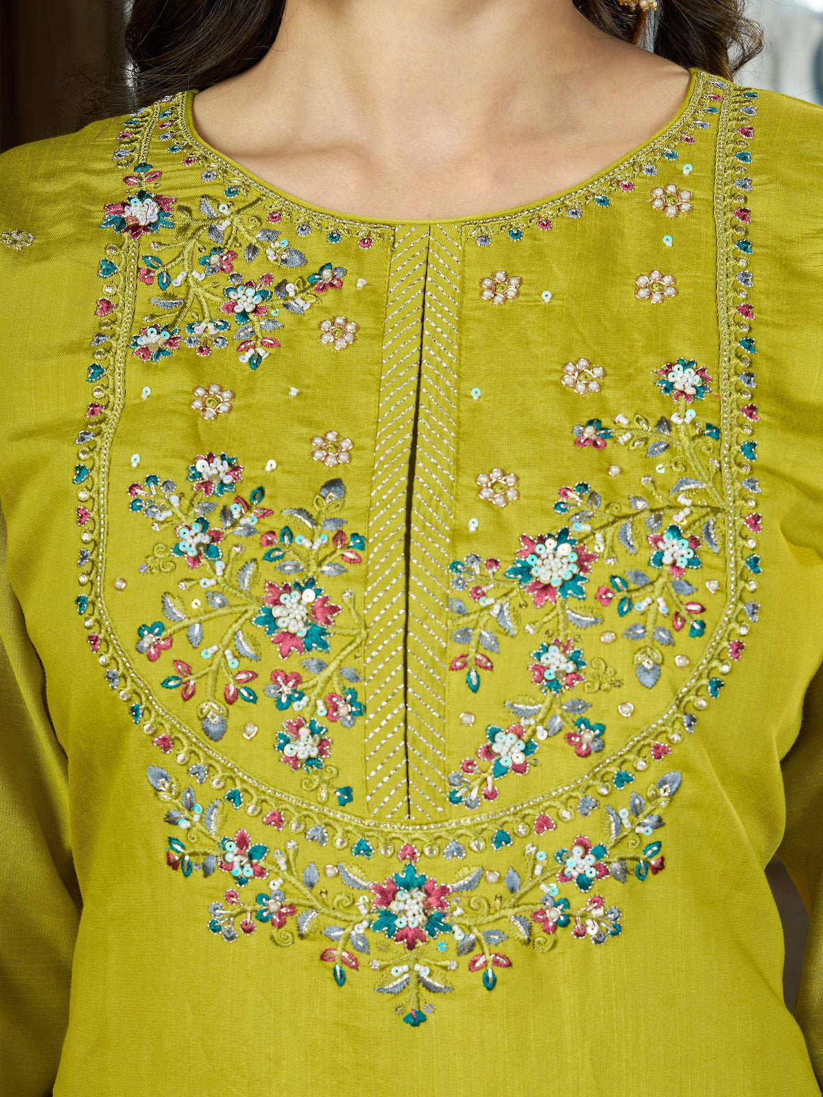Lime Green Embroidered Straight Suit Set