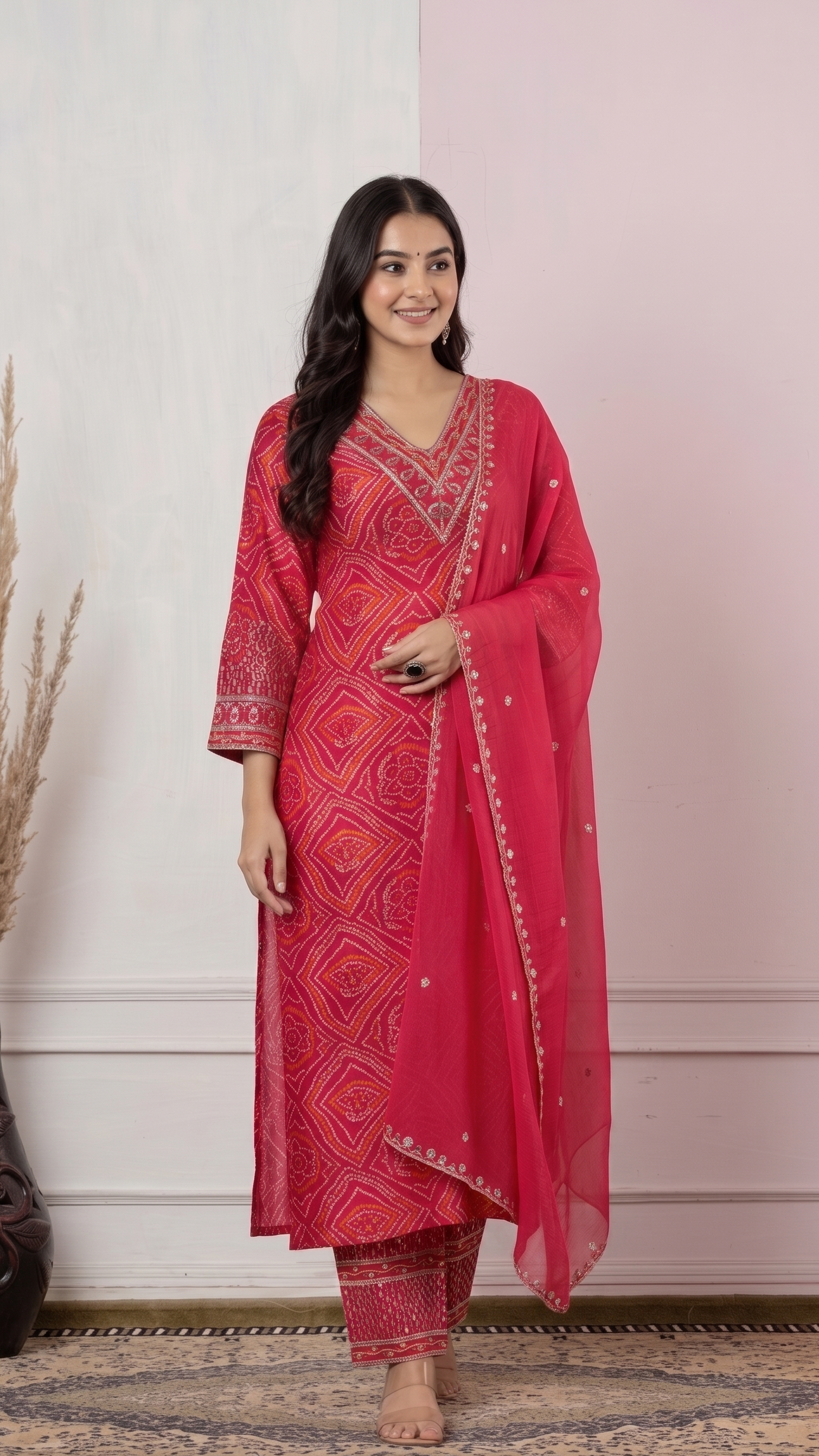 Crimson Red Bandhani-Print Suit Set