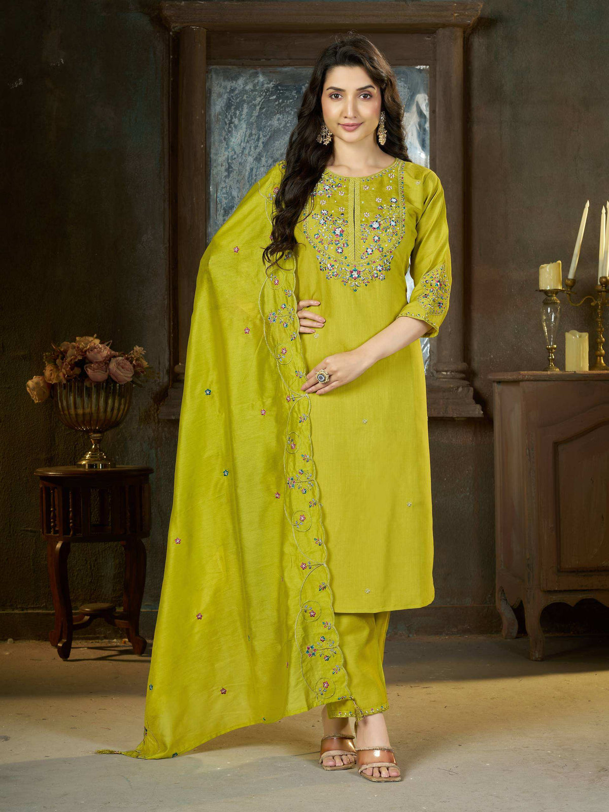 Lime Green Embroidered Straight Suit Set