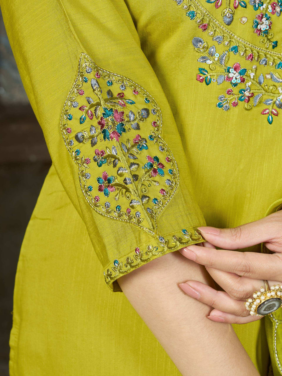 Lime Green Embroidered Straight Suit Set