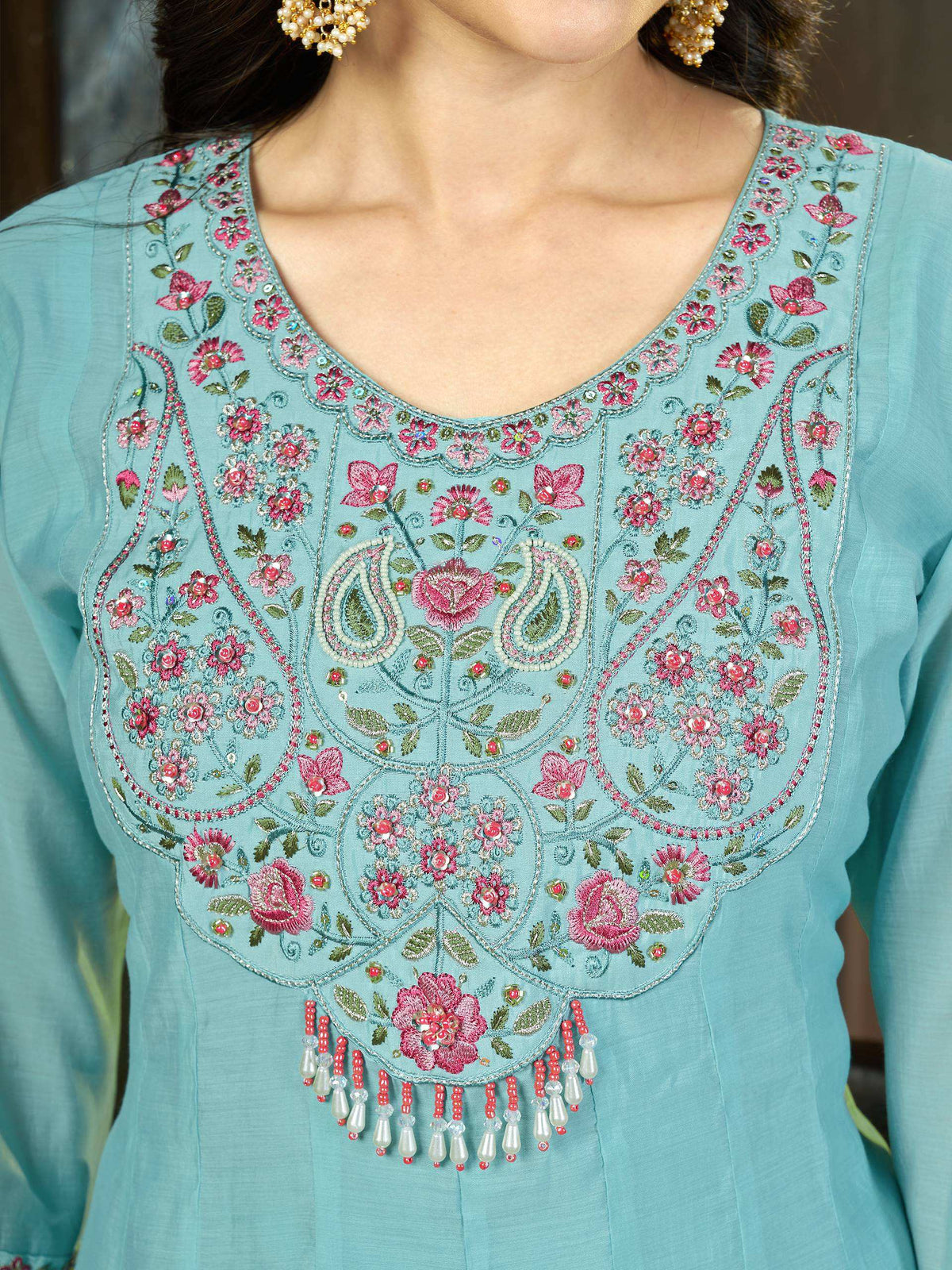 Aqua Blue Floral Embroidered Anarkali Suit Set