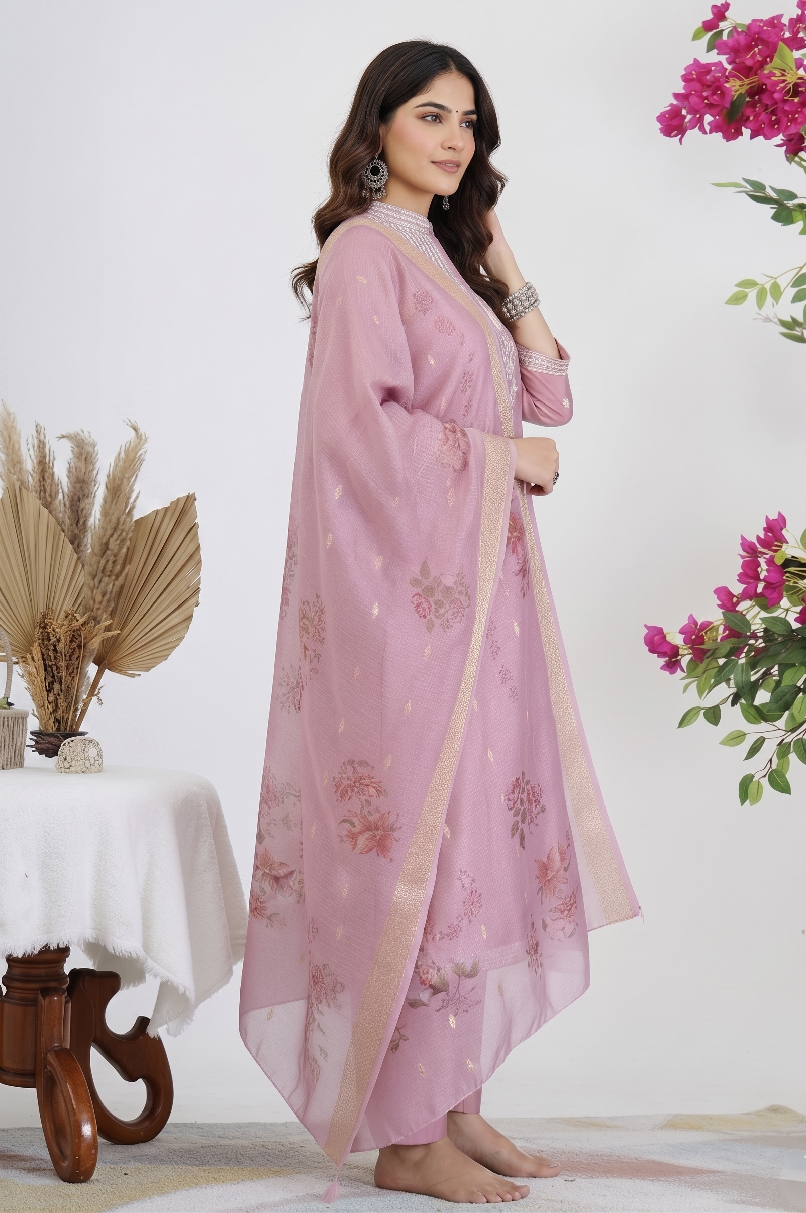 Dusty Pink Embroidered Straight Kurta Suit Set