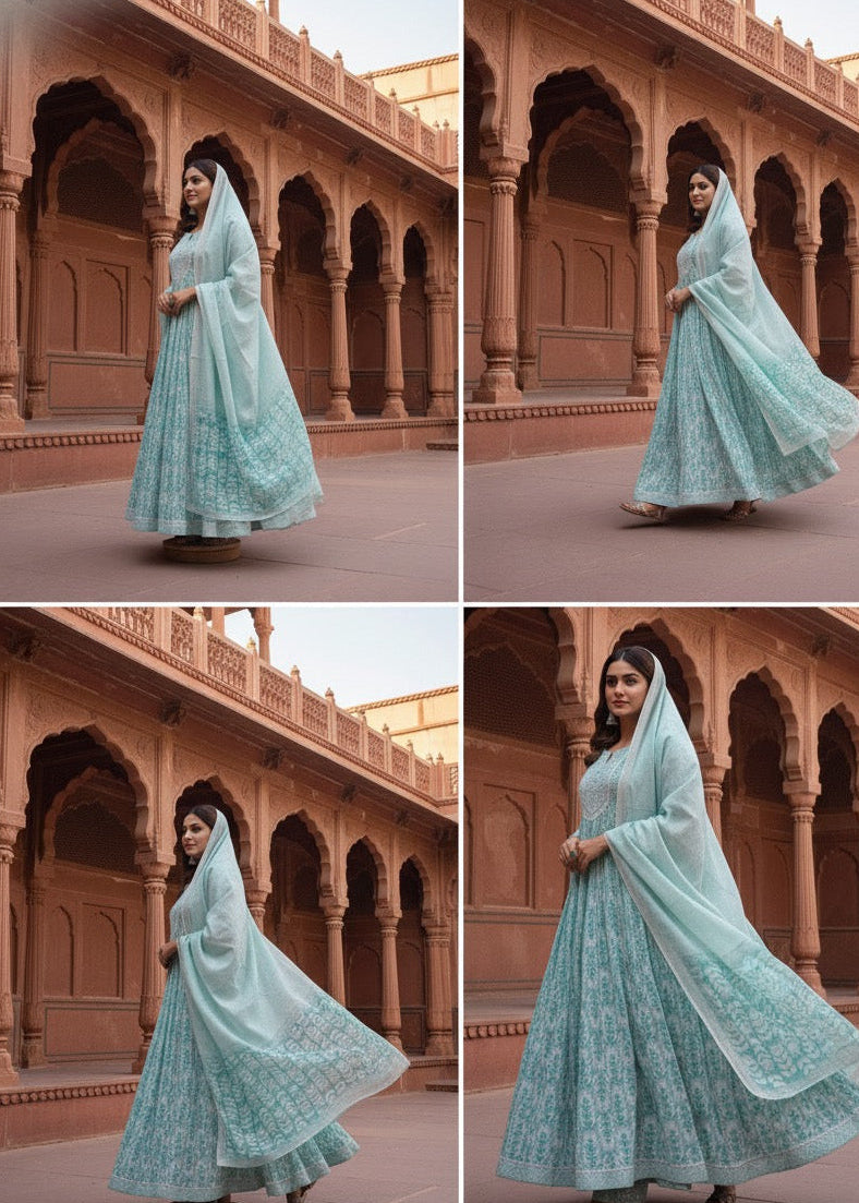 Aqua Blue Embroidered Floral Kurti