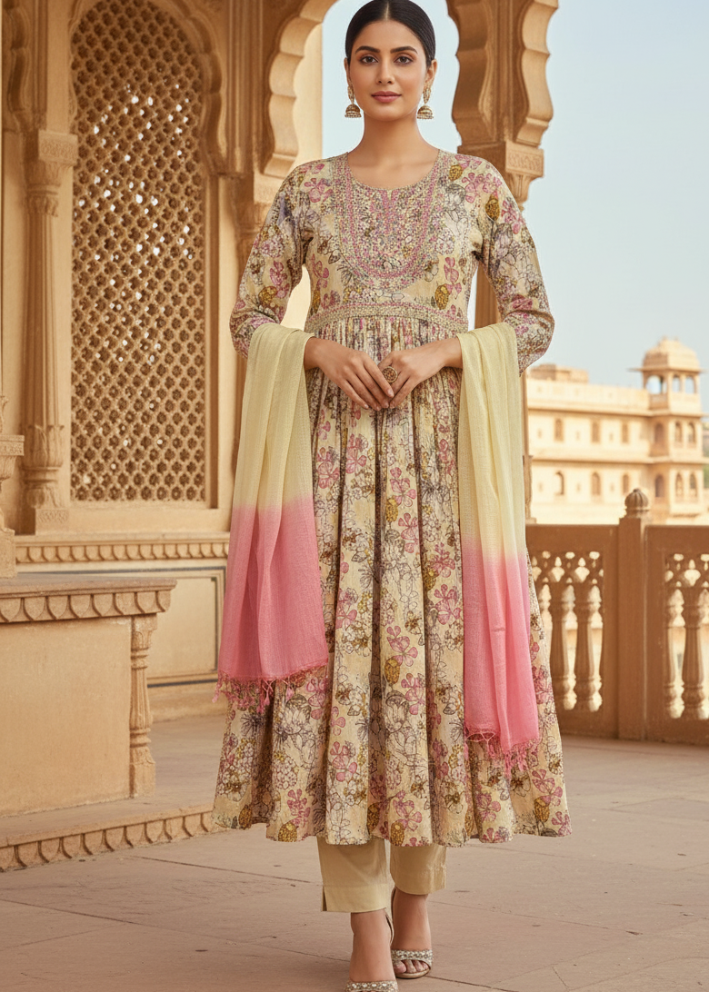Beige Floral Embroidered Kurti