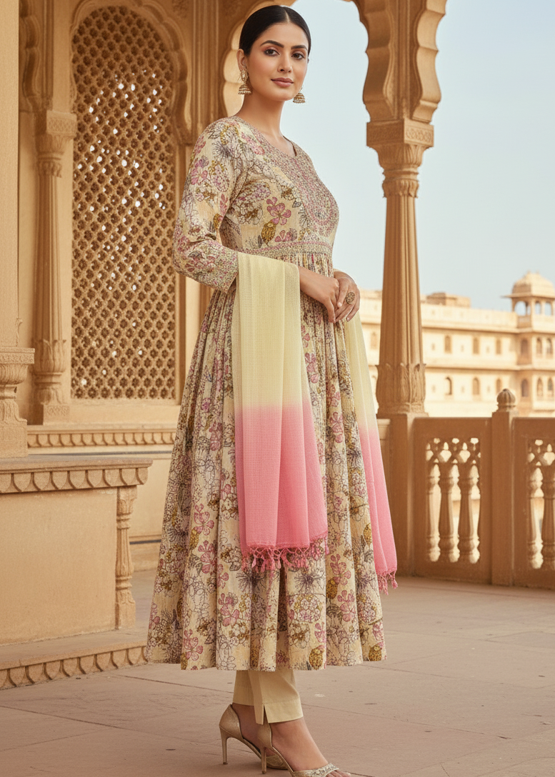 Beige Floral Embroidered Kurti