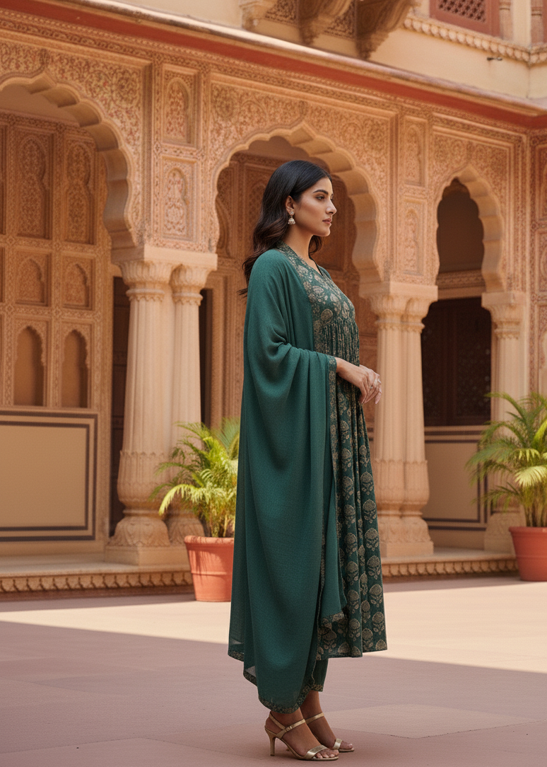 Bottle Green Floral Sequin Kurti