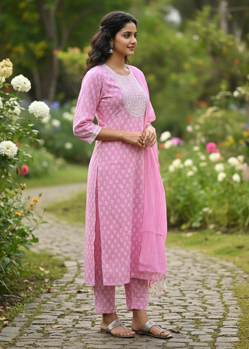 Baby Pink Floral Embroidered Kurti Set