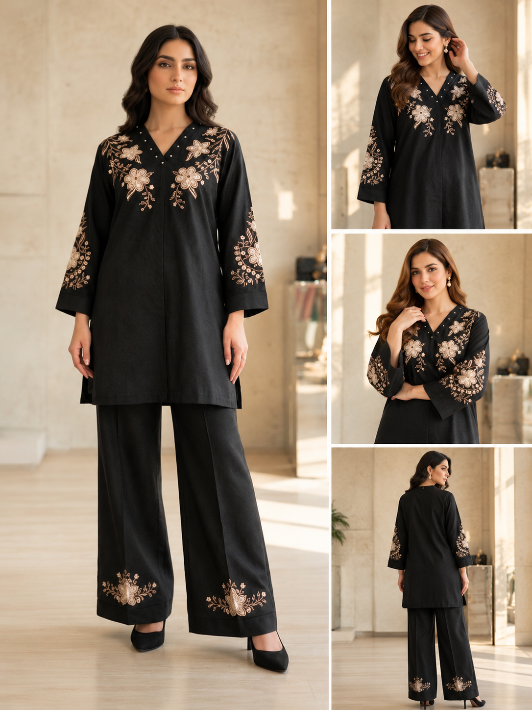 Black Floral Embroidered Co-ord Set