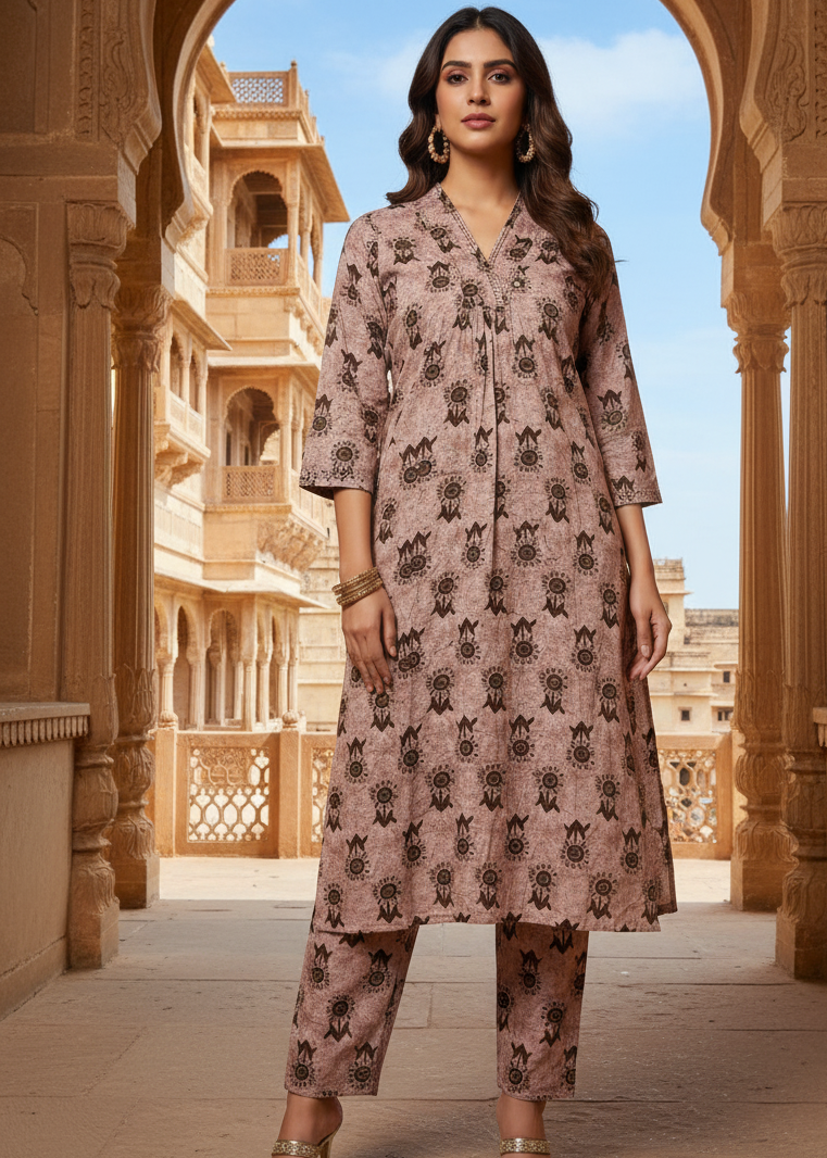 Coffee Beige Tribal Printed Sequin Kurti