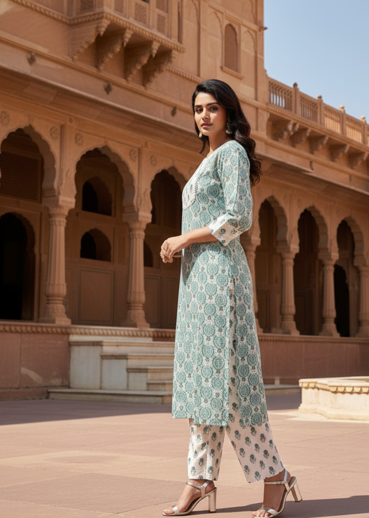 Cream & Teal Paisley Kurti