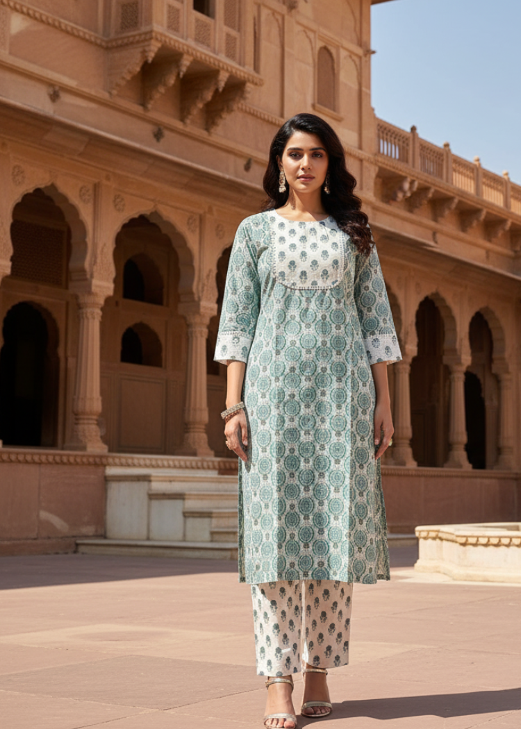 Cream & Teal Paisley Kurti