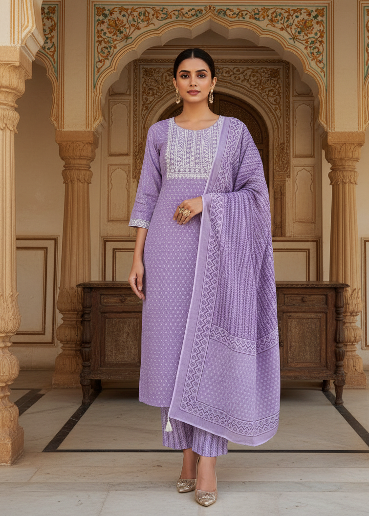 Lilac Elegance Floral Embroidered Kurti Set
