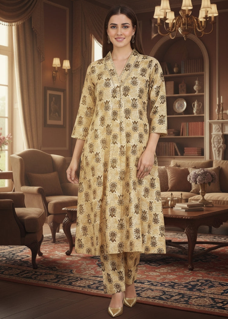 Mustard Yellow Tribal Printed Sequin Kurti
