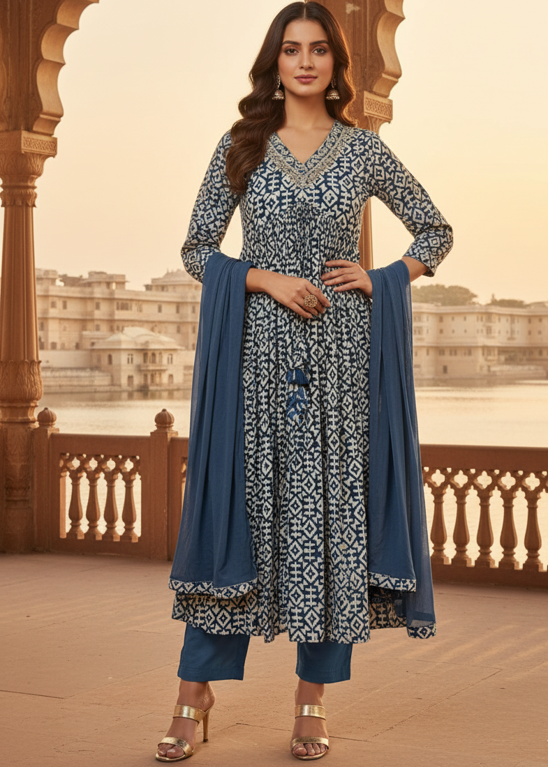 Navy Blue Ikat Print Embroidered Kurti