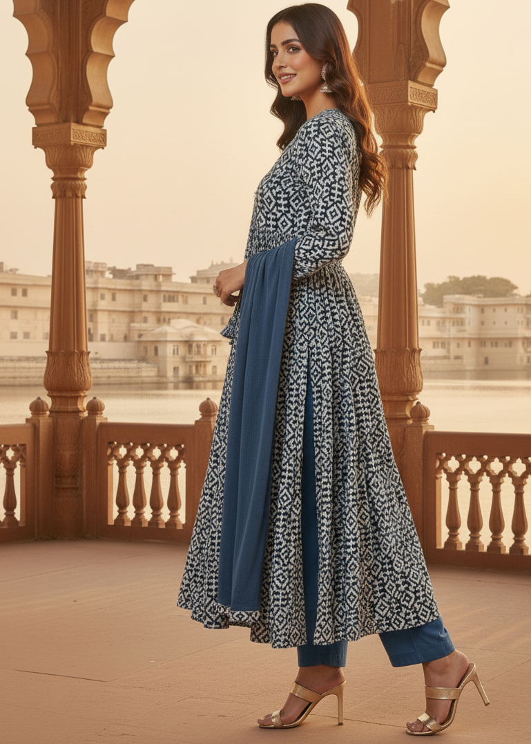 Navy Blue Ikat Print Embroidered Kurti