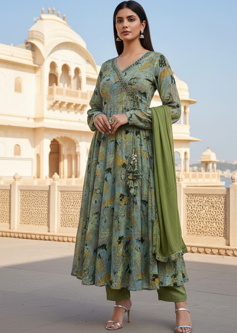 Olive Green Multi-Print Embroidered Kurti
