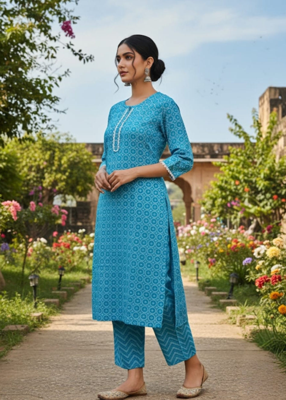 Turquoise Blue Jaipuri Print Kurti
