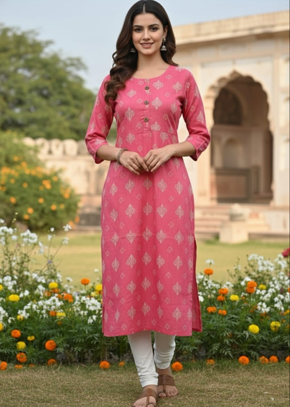 Rose Glow Printed Kurti With Designer Buttons