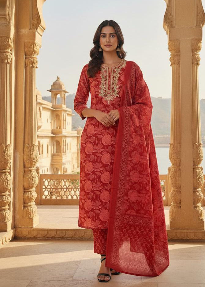 Red Golden Embroidered Festive Kurti