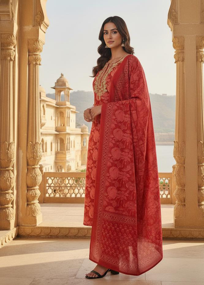 Red Golden Embroidered Festive Kurti