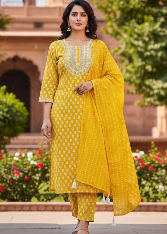 Yellow Sunshine Bloom Floral Embroidered Kurti Set